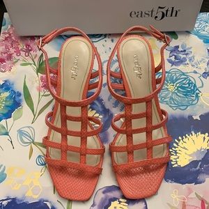 Orange Square Toe Straps Heeled Sandals, East 5th, Size 5.5